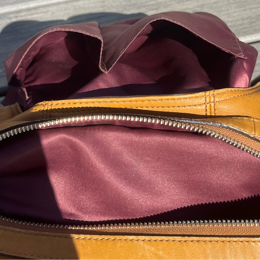 Coach; Golden Brown Leather Hobo Bag; 3 Section; Burgundy Interior; Duel Handles - Picture 8 of 16